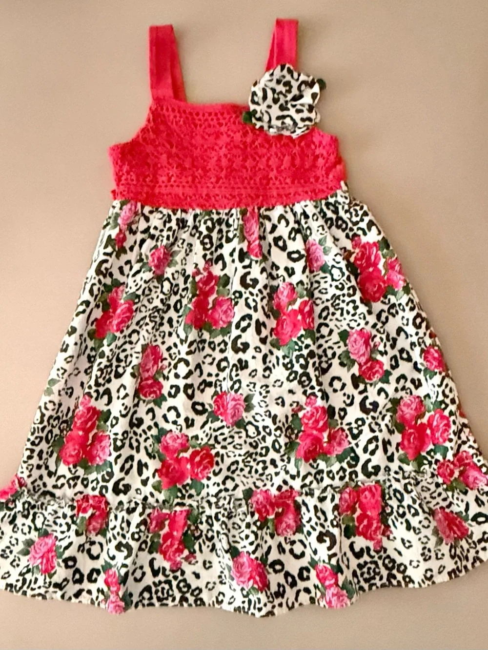 Red Pink Crochet-Top Floral Leopard Girls' Sun Dress